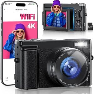 4K Digital Camera for Photography, WiFi 64MP 180° Flip Screen 3" Autofocus Vlogging Camera for YouTube, 16X Zoom Compact Point and Shoot Cameras for Beginner with 32GB Card, 2 Batteries