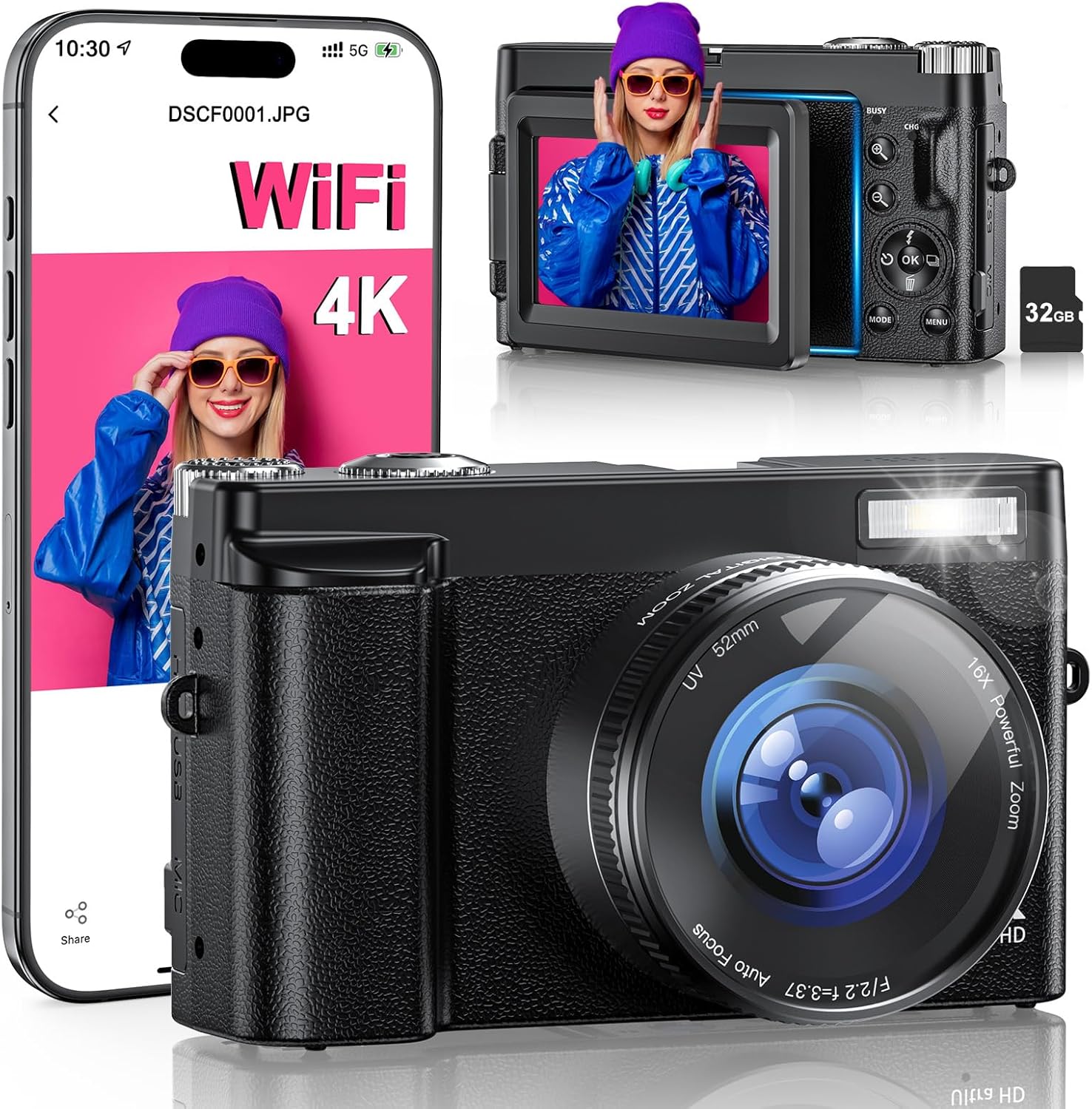 4K Digital Camera for Photography, WiFi 64MP 180° Flip Screen 3" Autofocus Vlogging Camera for YouTube, 16X Zoom Compact Point and Shoot Cameras for Beginner with 32GB Card, 2 Batteries - Image 9