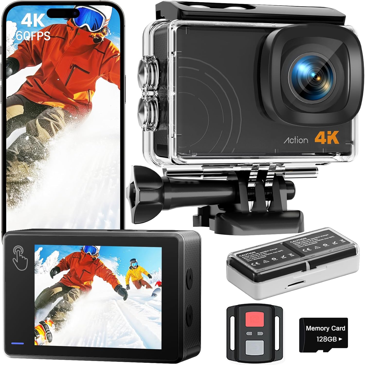 Action Camera 4K 60FPS 48MP, EIS Sports Camera with 128GB Card,131FT Underwater Waterproof Camera with Case, 2inch Touch Screen, 8X Zoom, Remote Control, Batteries & Mounting Kits - Image 9