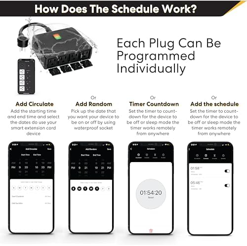Smart Heavy Duty Outdoor Power Strip WiFi Plug Water-Resistant Socket, Electrical Power Extension Cord, Outlet Switch and Timer Works Remotely with Alexa, G Assistant (4 Sockets) Black - Image 6